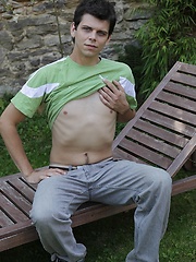 Peter Sweet in the backyard busting a nut on his stomach., Added: 2014-04-09 by YoungStraightBoys